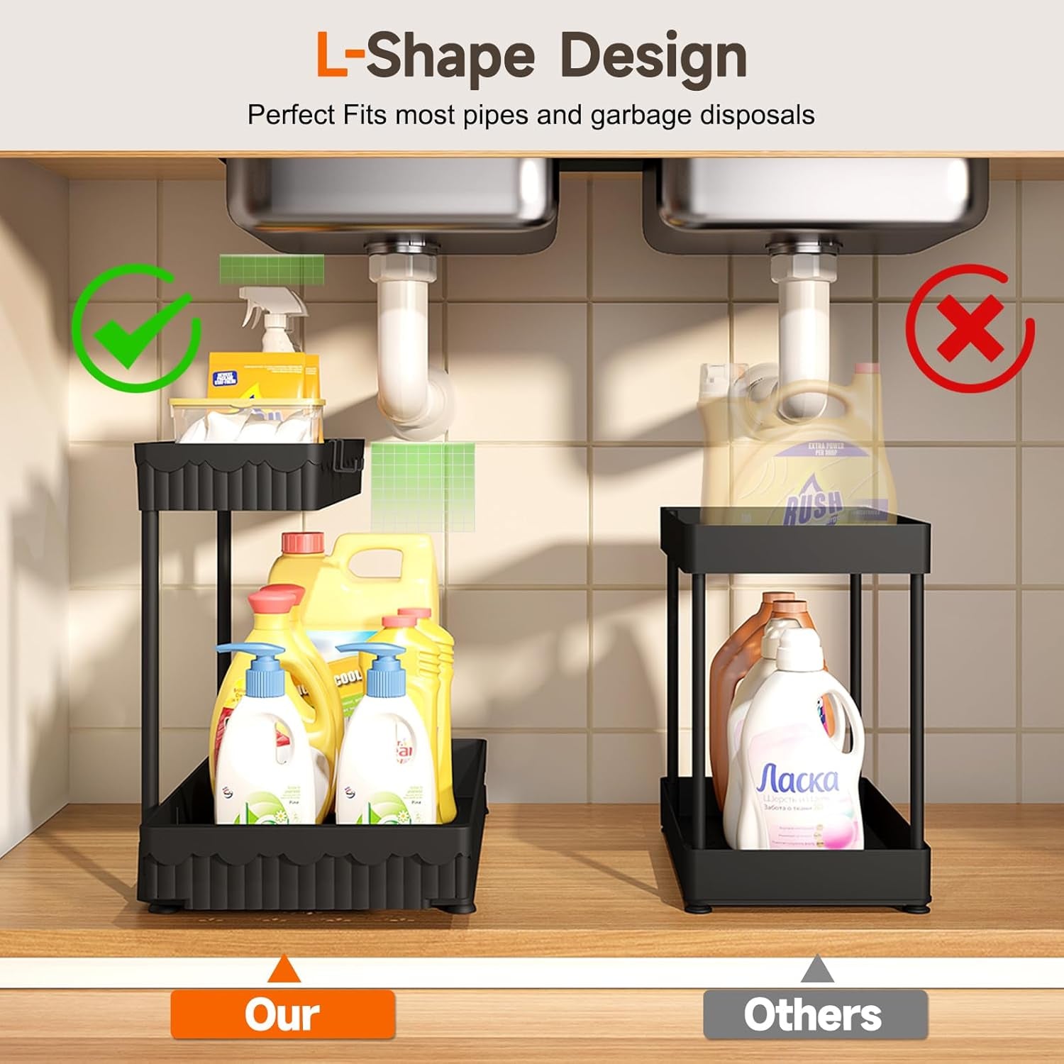 3 Pack Multi-Purpose under Sink Organizers and Storage, 2026 L-Shaped Pull Out Cabinet Organizer for Bathroom & Kitchen, under Cabinet Organizer with Hooks Hanging Cup, Black