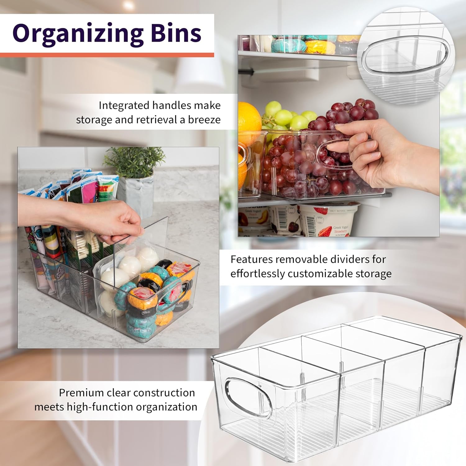 Plastic Pantry Organization and Storage Bins with Removable Dividers – Perfect Kitchen Organization or Kitchen Storage – Refrigerator Organizer Bins, Cabinet Organizers (2 Pack)